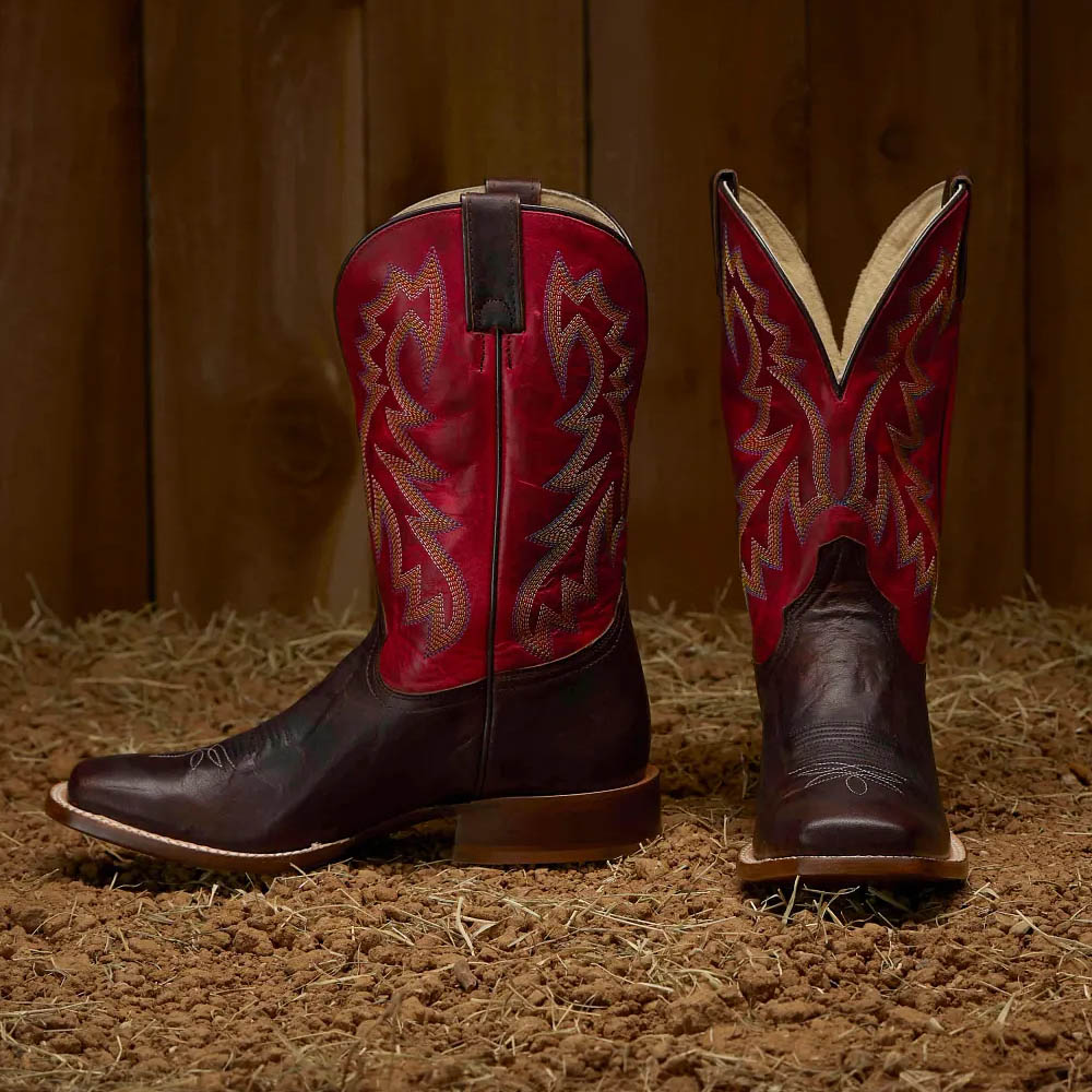 Featured Style: Luciano Western Boot in red and dark brown. Shop the Luciano Western Boots.